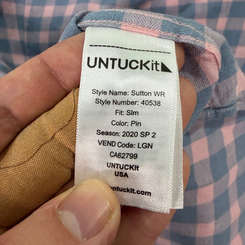 UNTUCKit Mens Medium Sutton WR Slim Fit Linen Shirt Pink Blue Gingham Check Flex - Picture 8 of 8